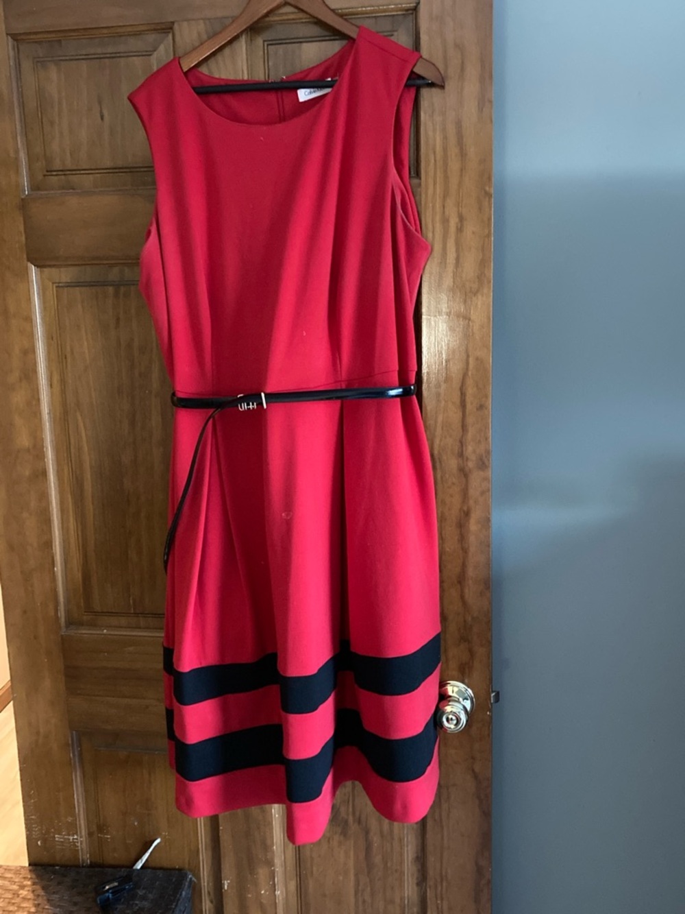 Calvin Klein Red Sleeveless Midi Dress with Black Stripe Hem